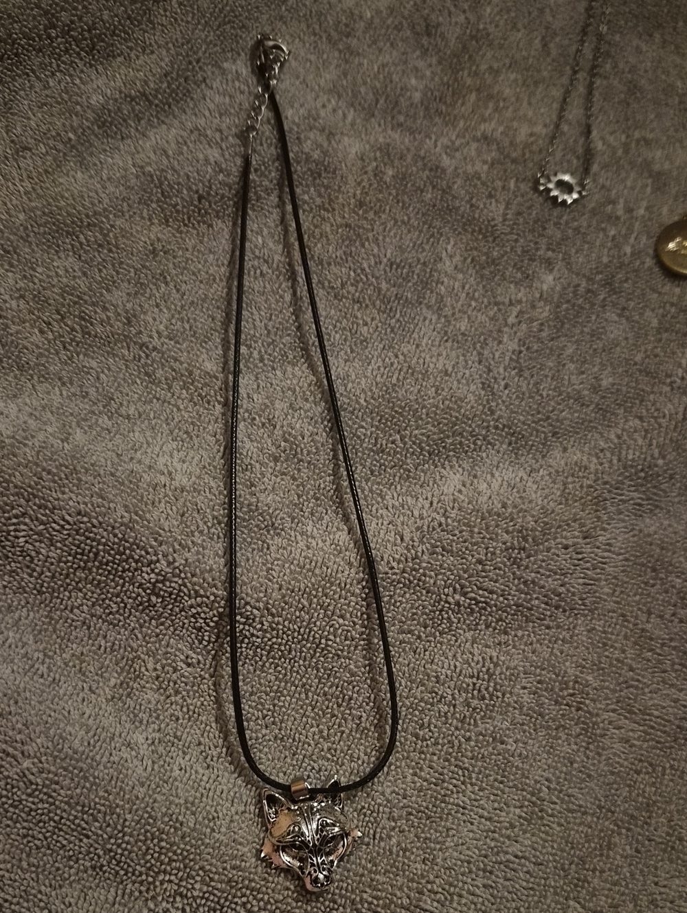 Men's Black Leather Cord Necklace with Silver Wolf Pendant